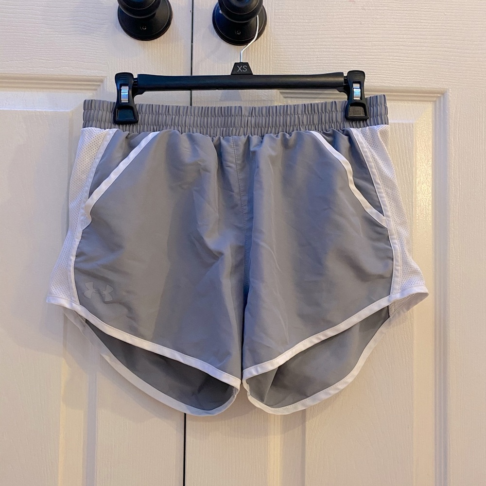 Grey and White Under Armour Flyby Running Shorts